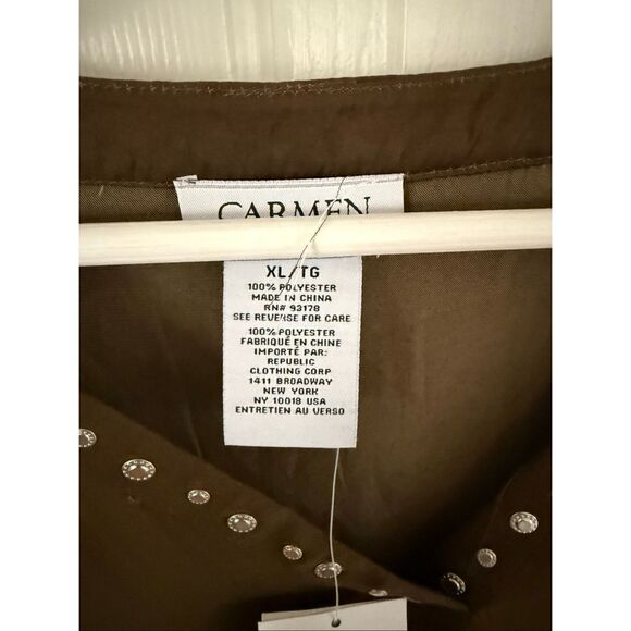 Carmen Marc Valvo Olive Brown Studded V-Neck Blouse sz XL NWT - Picture 4 of 6